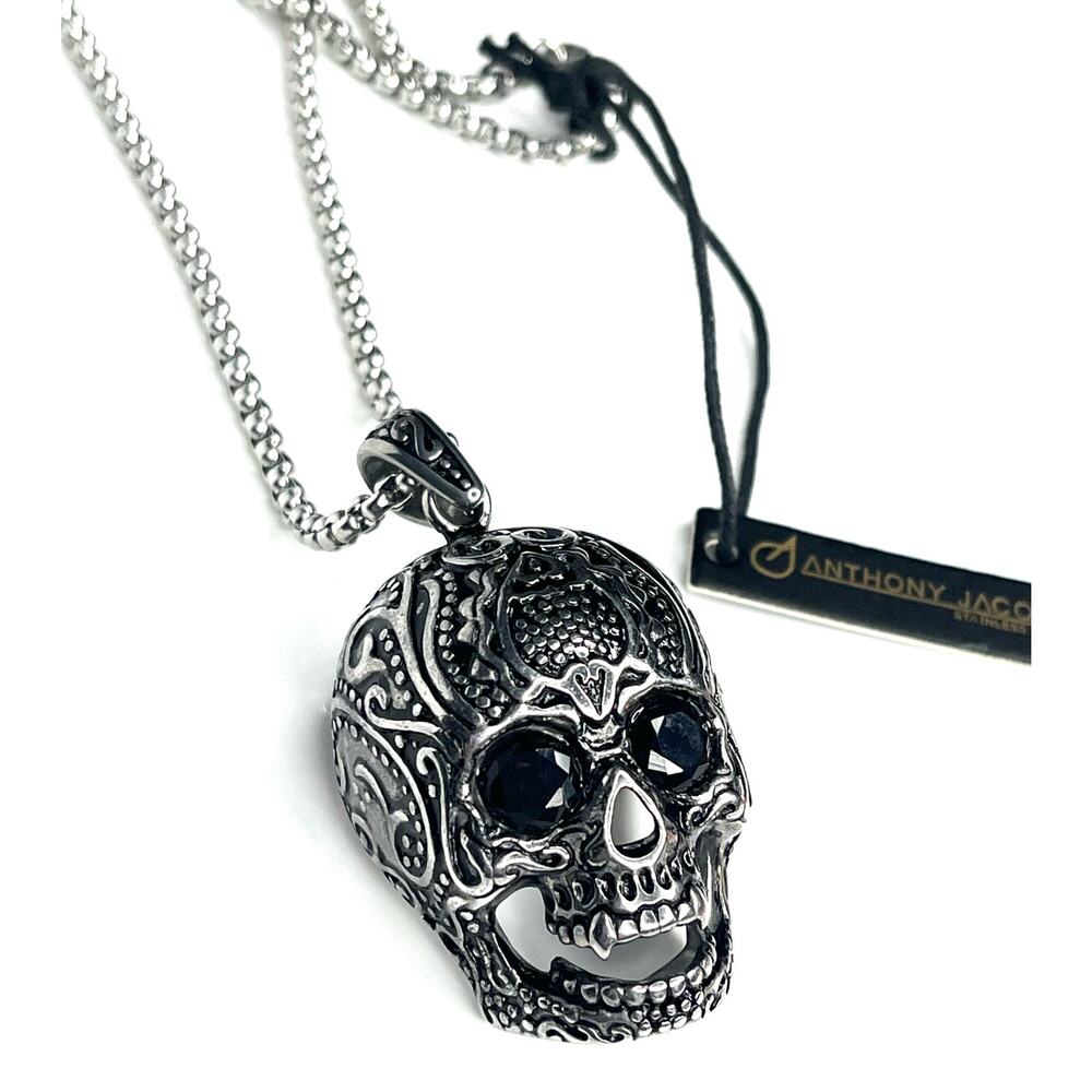 Anthony Jacobs Stainless Steel LG SKULL PENDANT 24" NECKLACE Black Stone Eyes